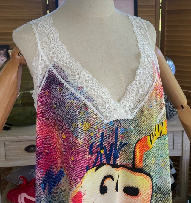 Caraco Débardeur Top trapèze satiné mat & dentelle Snoopy Street Art du 40 au 52  