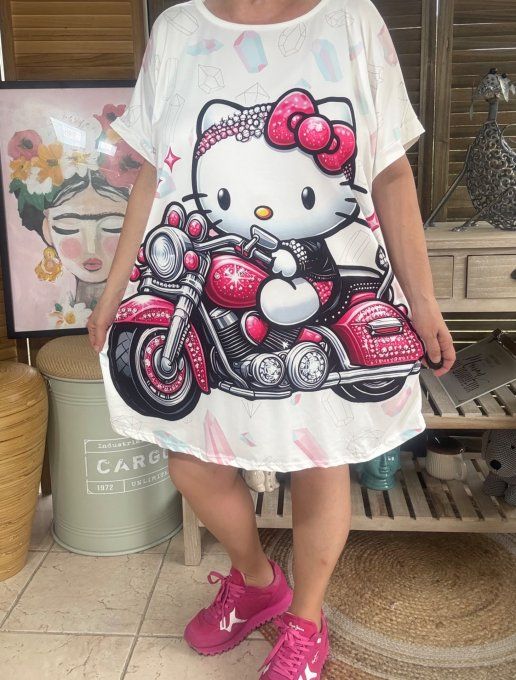 Tunique longue ou robe courte blanche Hello Kitty Harley Davidson Bikeuse du 40 au 50/52  