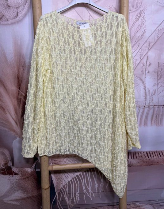 Top asymétrique dentelle jaune pastel manches longues confort +++ du 36 au 48  