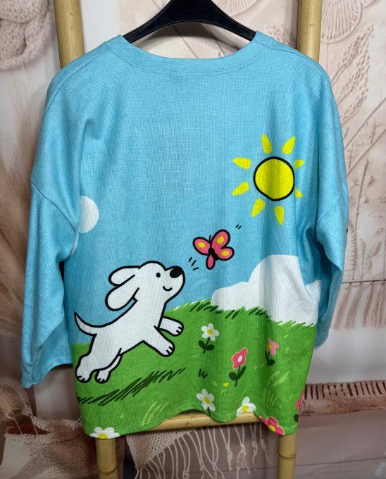 Sweat velours ras ciel Le Chiot blanc et le Papillon douceur ++++ du 40 au 52/54