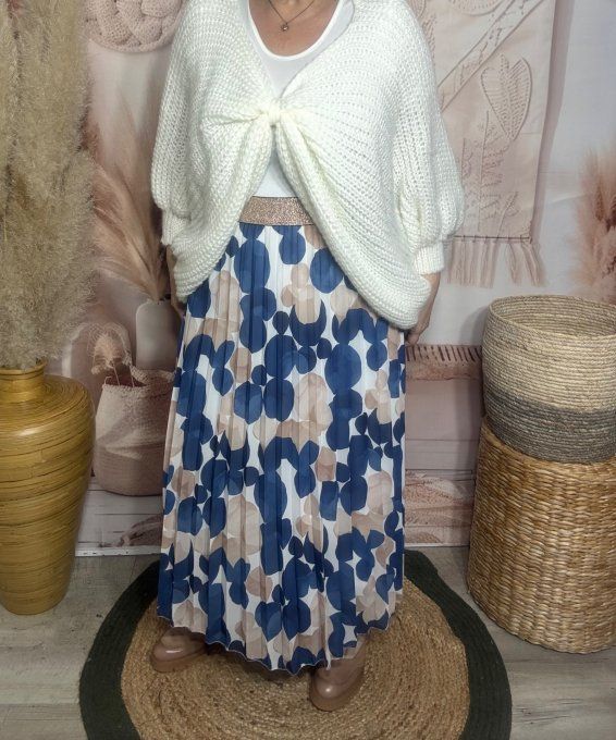 Jupe longue plissée bulles marines beiges crèmes bleues ceinture dorée du 38 au 50