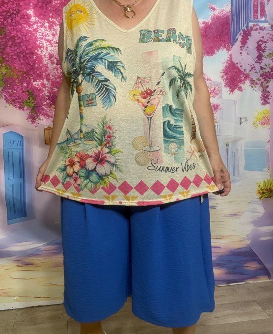 Débardeur trapèze beige Lurex pailleté doré Vamos à la Playa Soleil Summer du 40 au 50/52