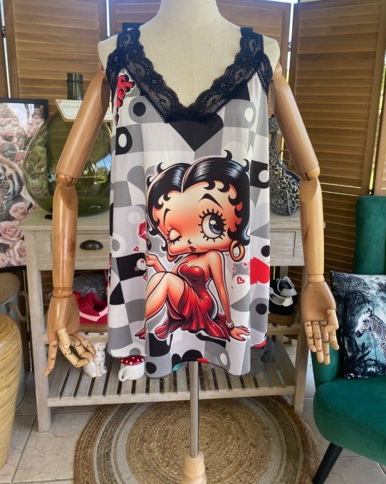 Caraco Débardeur Top trapèze satiné mat & dentelle carreaux Betty Boop in Love du 40 au 52   