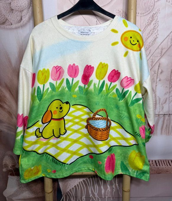 Sweat velours ras crème Le Chiot en pique-nique Tulipes douceur ++++ du 40 au 52/54 