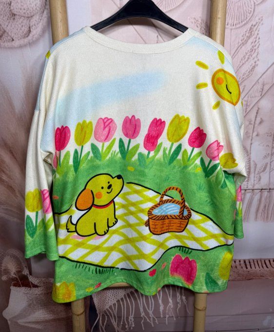 Sweat velours ras crème Le Chiot en pique-nique Tulipes douceur ++++ du 40 au 52/54 