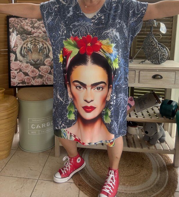Robe courte ou tunique longue effet jeans Frida Kahlo du 42 au 52 