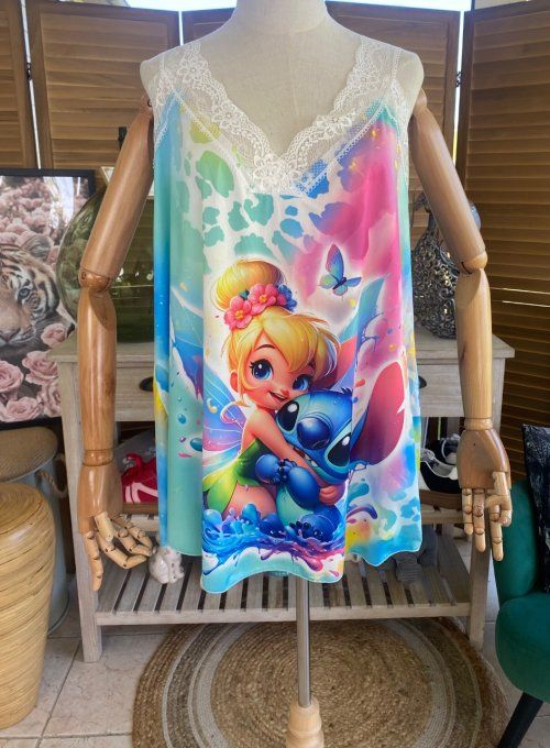 Caraco Débardeur Top trapèze satiné mat & dentelle La Fée Clochette et Stitch du 40 au 52  