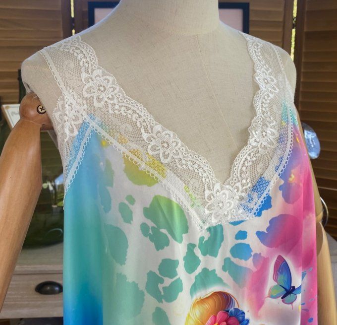Caraco Débardeur Top trapèze satiné mat & dentelle La Fée Clochette et Stitch du 40 au 52  