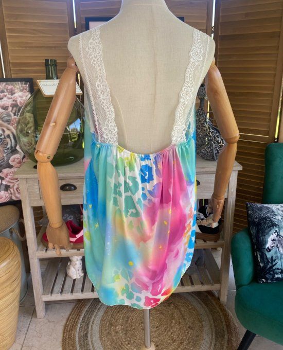 Caraco Débardeur Top trapèze satiné mat & dentelle La Fée Clochette et Stitch du 40 au 52  