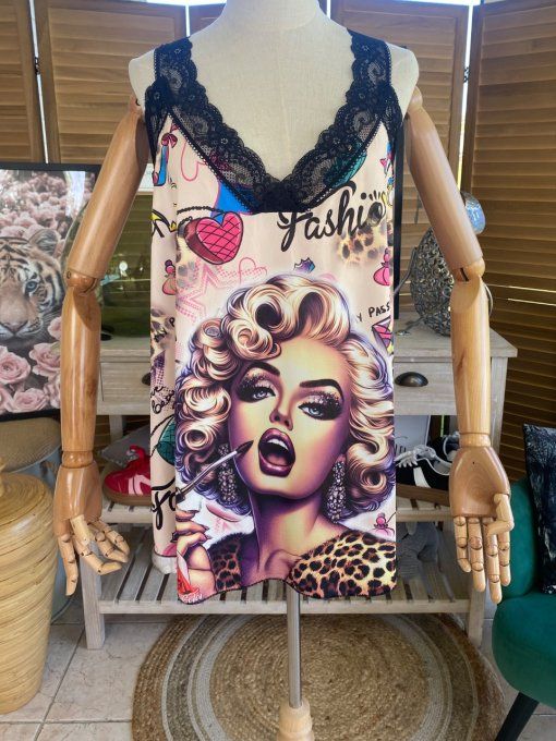 Caraco Débardeur Top trapèze satiné mat & dentelle Marylin Monroe Street Art du 40 au 52  