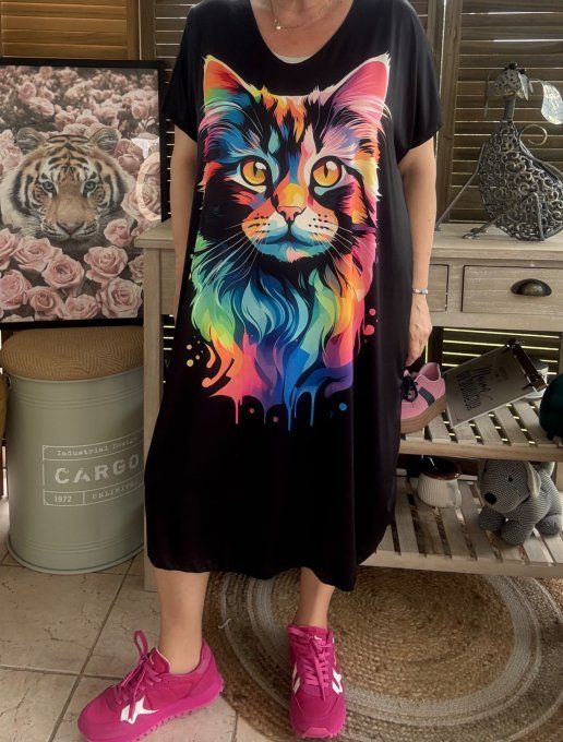 Robe courte ou tunique longue noire Le Chat multicolore du 42 au 52 