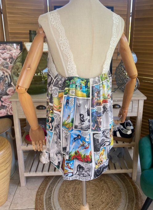 Caraco Débardeur Top trapèze satiné mat & dentelle La Fée Clochette du 40 au 52  