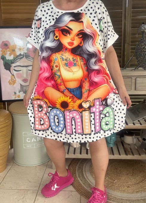 Tunique longue ou robe courte blanche pois Bonita Fashion Girl du 40 au 50/52 