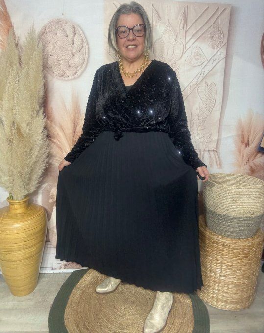 Robe longue cache-coeur sequins noirs et bas plissé + ceinture du 40 au 52/54  