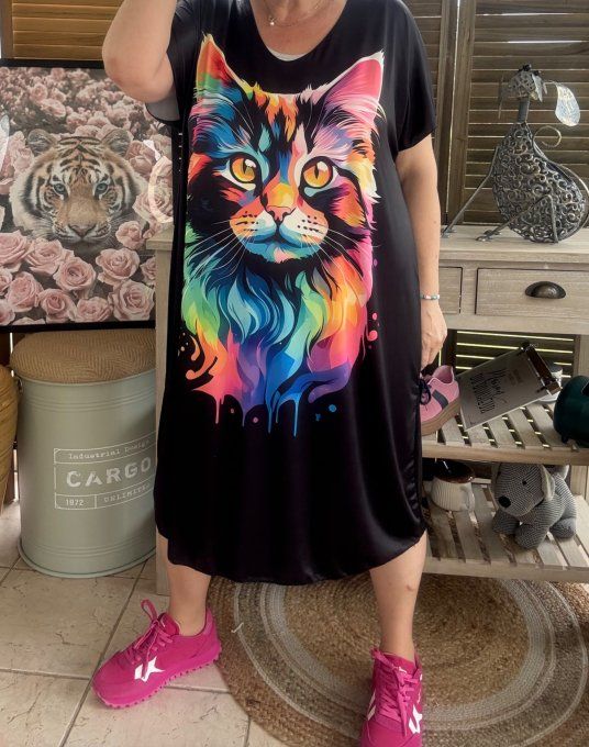 Robe courte ou tunique longue noire Le Chat multicolore du 42 au 52 