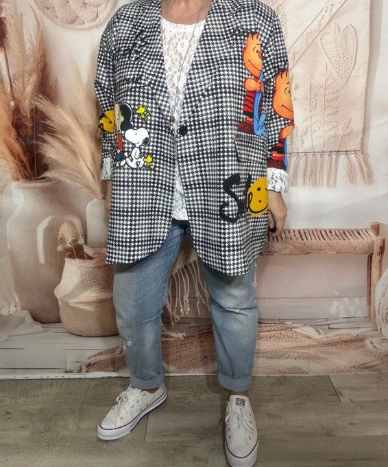 Veste blazer pieds de poule TOUTE DOUBLÉE Snoopy du 42 au 54 et même + si portée ouverte  