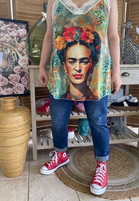 Caraco Débardeur Top trapèze satiné mat & dentelle Frida Kahlo du 40 au 52  