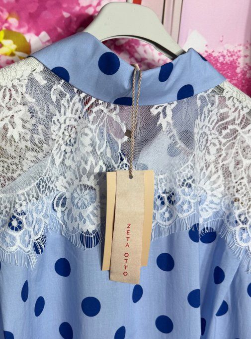 Chemise bleu pastel pois marine dentelle blanche épaules Zeta Otto Chic +++ du 40 au 50