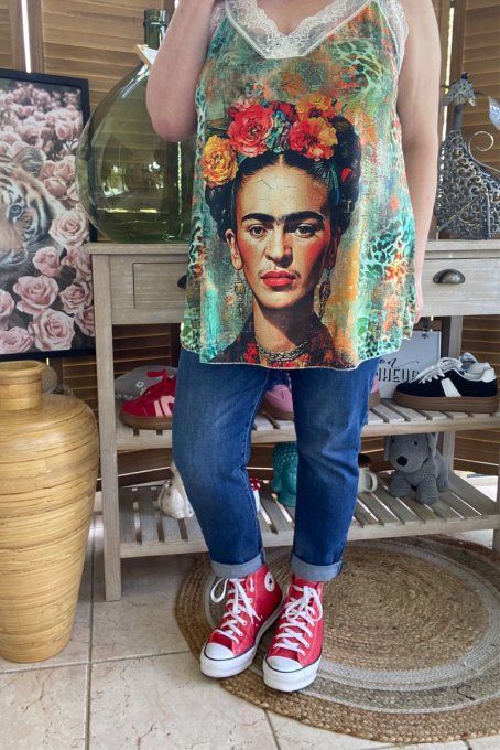 Caraco Débardeur Top trapèze satiné mat & dentelle Frida Kahlo du 40 au 52  