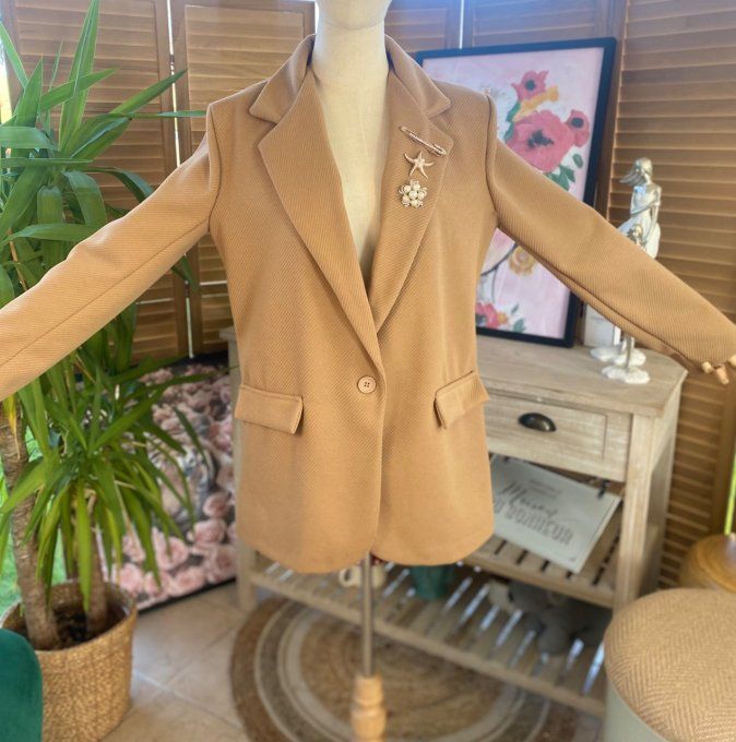 Veste blazer effet chevron camel doublée 3 broches revers du 34 au 42