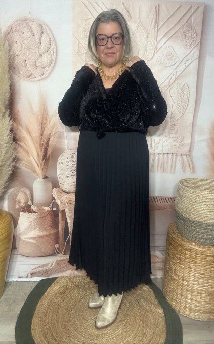 Robe longue cache-coeur sequins noirs et bas plissé + ceinture du 40 au 52/54  