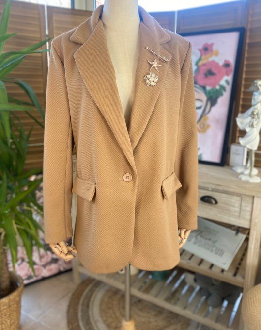 Veste blazer effet chevron camel doublée 3 broches revers du 34 au 42