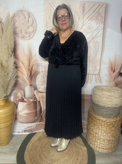 Robe longue cache-coeur sequins noirs et bas plissé + ceinture du 40 au 52/54  
