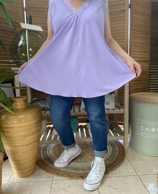 Caraco Débardeur Top trapèze viscose et dentelle Lilas douceur +++ du 40 au 50/52