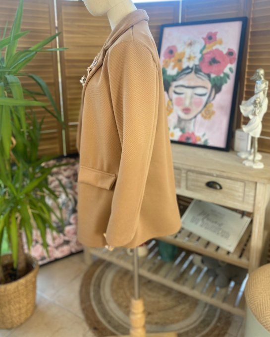 Veste blazer effet chevron camel doublée 3 broches revers du 34 au 42