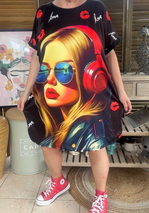 Tunique longue ou robe courte noire The Retro 90's Music Pretty Girl du 40 au 50/52   