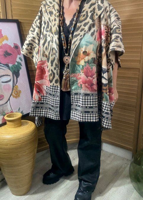 Veste-cape oversize suédine Léopard Tigre & Pink Flowers TOUTES TAILLES jusqu'au 60 