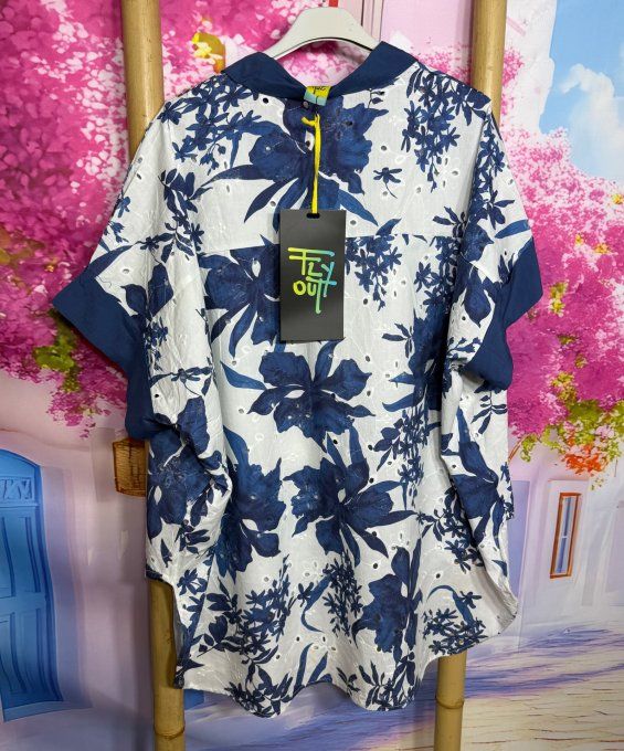 Chemise oversize blanche Feuillage marine Fly Out Broderie anglaise Bohème chic du 38 au 48