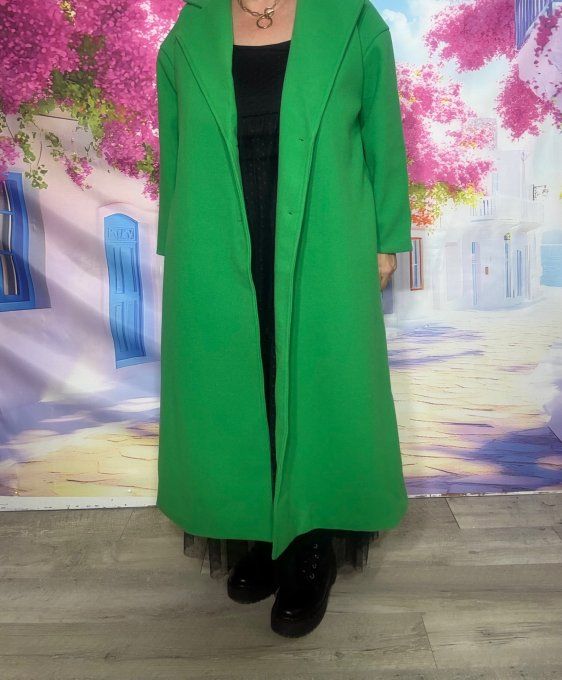Manteau SANS LAINE long Vert Andalou TOUT DOUBLÉ confort +++ du 38 au 48/50 et même +