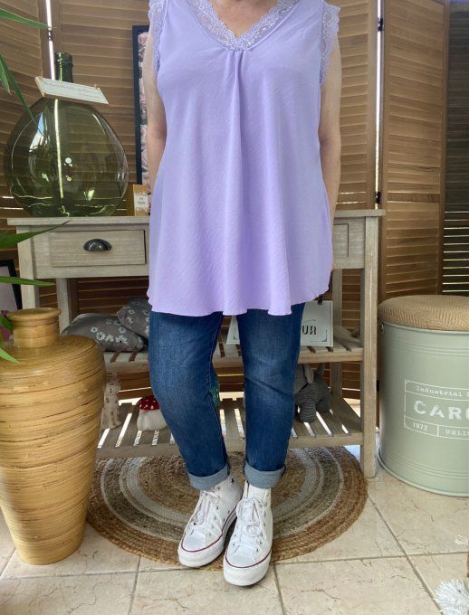 Caraco Débardeur Top trapèze viscose et dentelle Lilas douceur +++ du 40 au 50/52