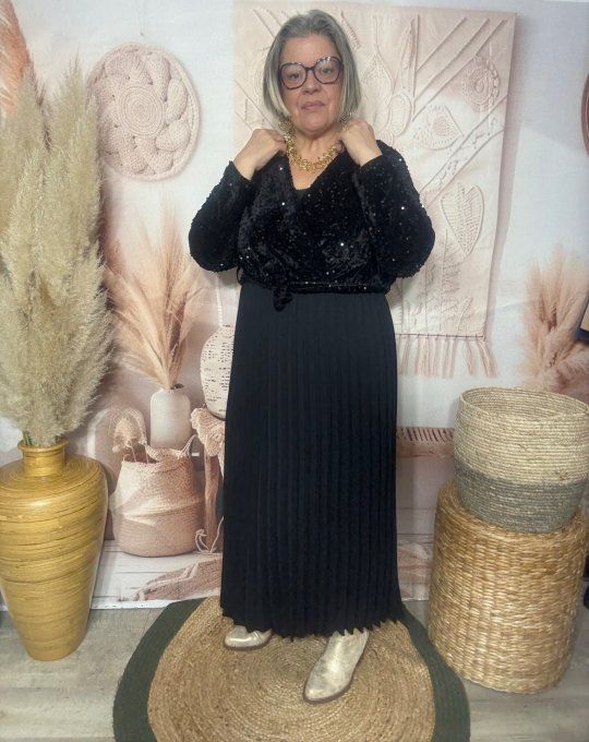 Robe longue cache-coeur sequins noirs et bas plissé + ceinture du 40 au 52/54  