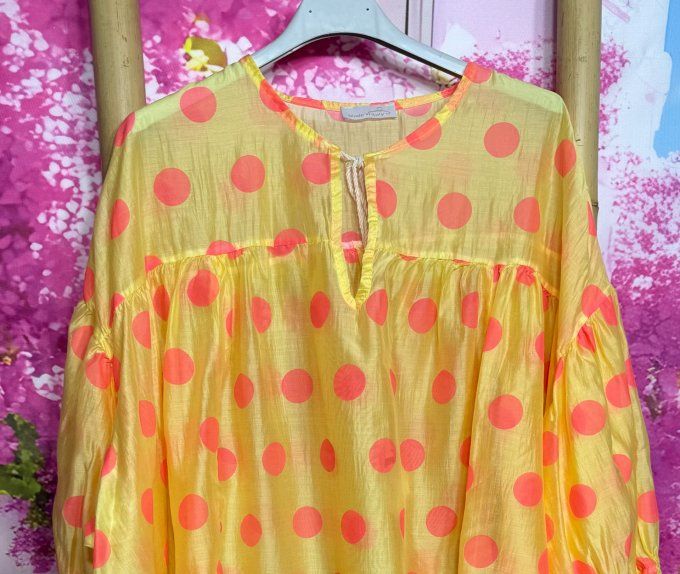 Blouse oversize Tencel jaune irisé pois Fuschia manches 3/4 Chic +++ du 40 au 54/56 
