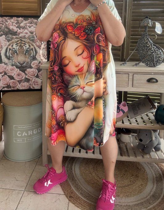 Robe courte ou tunique longue crème La Fillette et son chat du 42 au 52 