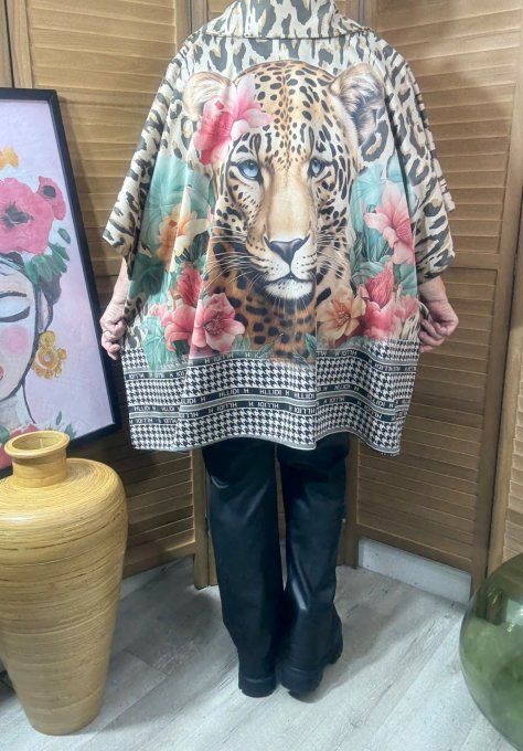 Veste-cape oversize suédine Léopard Tigre & Pink Flowers TOUTES TAILLES jusqu'au 60 