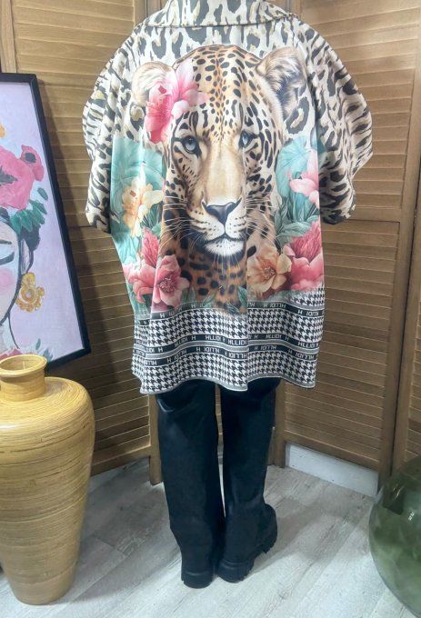 Veste-cape oversize suédine Léopard Tigre & Pink Flowers TOUTES TAILLES jusqu'au 60 