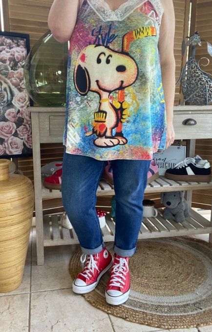 Caraco Débardeur Top trapèze satiné mat & dentelle Snoopy Street Art du 40 au 52  