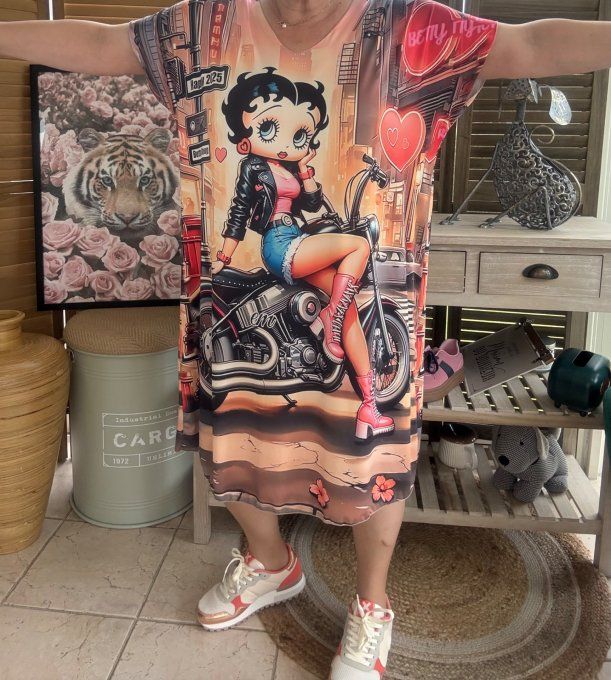 Robe courte ou tunique longue multicolore Betty Boop Bikeuse du 42 au 52 