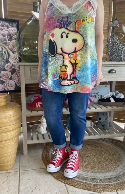 Caraco Débardeur Top trapèze satiné mat & dentelle Snoopy Street Art du 40 au 52  