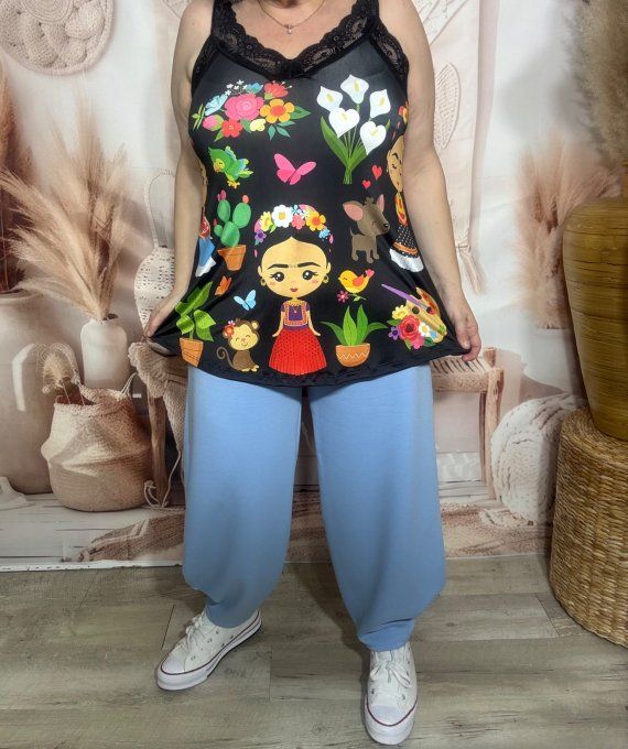 Caraco trapèze Lycra Frida Kahlo Viva la Vida bretelles dentelle noire confort ++ du 36 au 46 