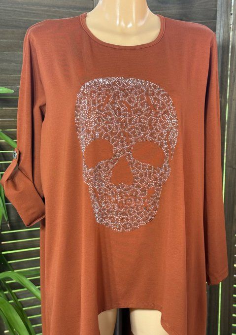 Maxi-tunique asymétrique Terracotta Mexican Skulls Calavera Strass du 40 au 52
