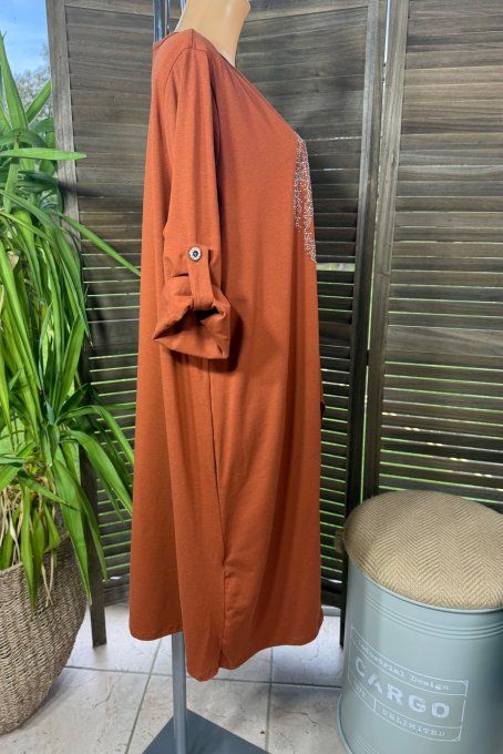 Maxi-tunique asymétrique Terracotta Mexican Skulls Calavera Strass du 40 au 52