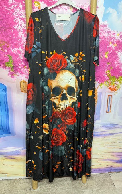 Robe longue trapèze noire Beautiful Skulls TDM & Red Roses du 40 au 52