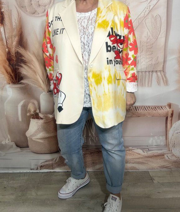 Veste blazer crème TOUTE DOUBLÉE Minnie Marguerites du 42 au 54 et même + si portée ouverte