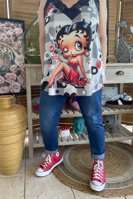 Caraco Débardeur Top trapèze satiné mat & dentelle carreaux Betty Boop in Love du 40 au 52   