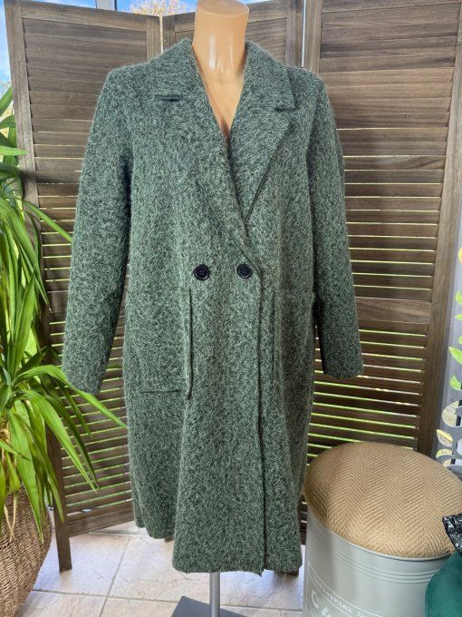 Manteau droit mi-long bouclette Kaki chiné confort +++ du 36 au 46 et même + 
