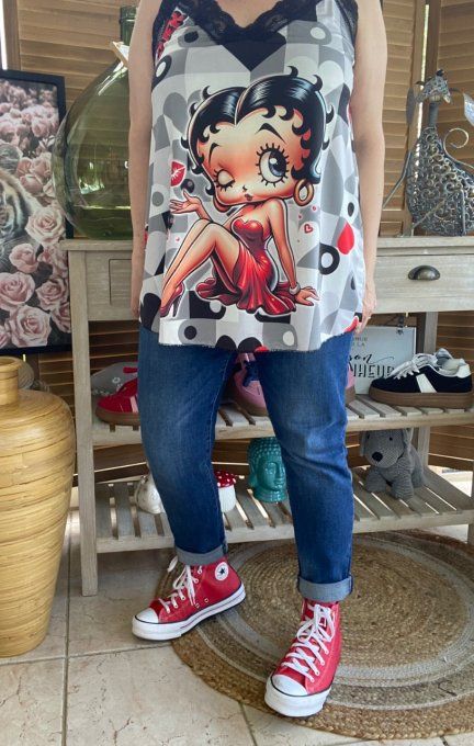 Caraco Débardeur Top trapèze satiné mat & dentelle carreaux Betty Boop in Love du 40 au 52   